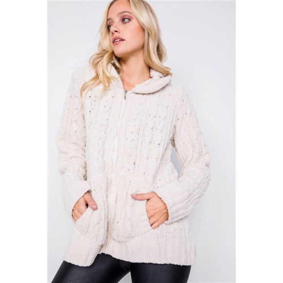 IVORY KNIT SUEDE FRONT ZIPPER HOODIE SWEATER - Picture 3 of 6